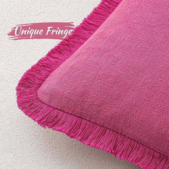 MIULEE Decorative Throw Pillow Covers Neutral Linen Fringe Throw Pillows Euro Shams Set of 2 Hot Pink Boho Farmhouse Cushion Covers for Couch Sofa Bed Living Room Spring Home Decor 24x24 Inch
