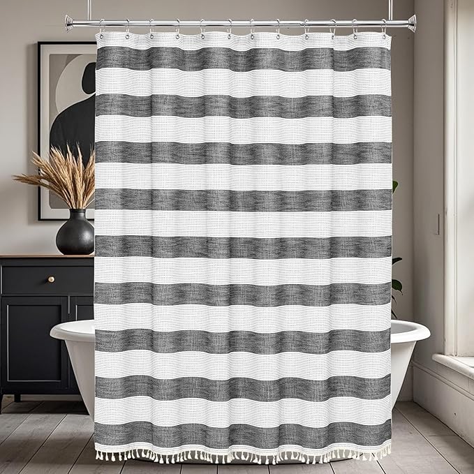 Boho Farmhouse Heavyweight Shower Curtain with Tassels, 350GSM Cotton Linen Fabric Shower Curtain for Rustic Bathroom, 72 x 72 Inch Vintage Black and White Striped Bath Curtain Water-Repellent