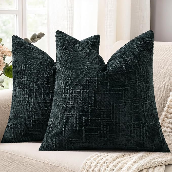 decorUhome Black Chenille Throw Pillow Covers 22x22 Set of 2 Thick Textured Slubby Couch Pillow Covers Farmhouse Accent Modern Neutral Decorative Pillow Cases for Bed Sofa Living Room