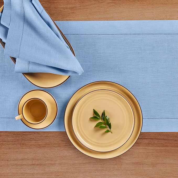 Solino Home Linen Cornflower Blue Table Runner 120 Inches Long - 100% Pure Linen Hemstitch 14 x 120 Inch Table Runner for Dining, Christmas, Holiday - Classic Hemstitch