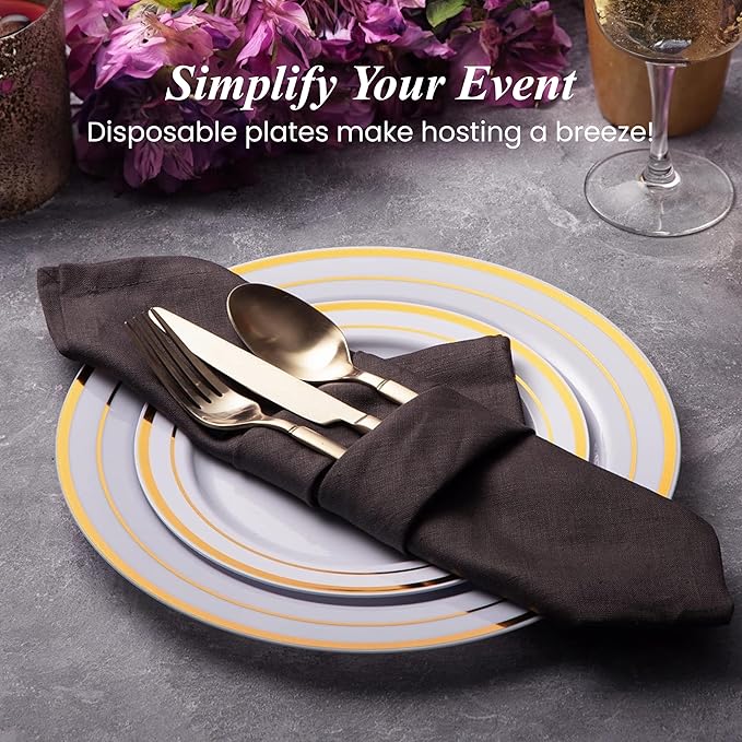 Aya's Cutlery Kingdom 100 Disposable White Plastic Plates with Gold Trim - Includes 50 (10-Inch) Plastic Dinner and 50 (7.5-Inch) Salad Dessert Plates - Heavy Duty and Elegant Tableware