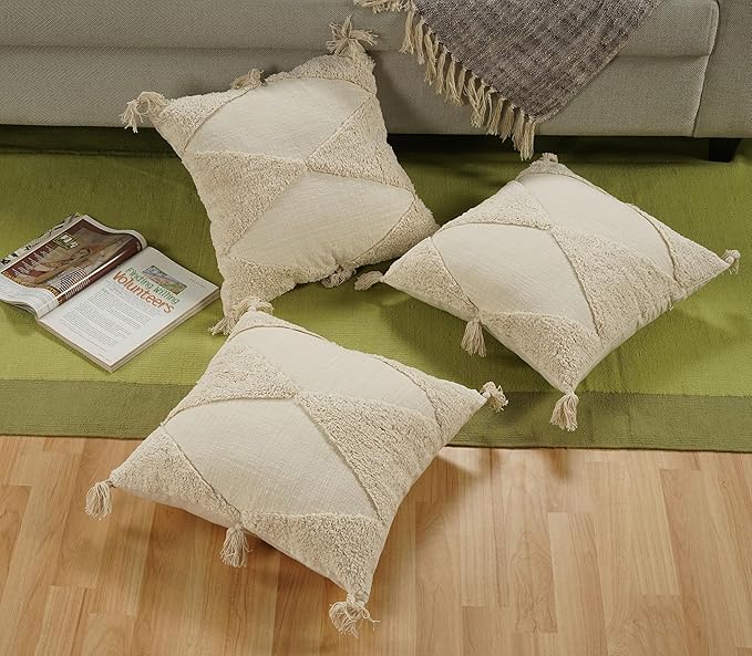 GRUHUM Throw Pillow Covers 18x18-Set of 2 Boho Decorative Handwoven Fancy Tufted Cushion Case for Living Room Bedroom Sofa Couch Farmhouse Car Home Decor Cotton Comfy Square Modern 18x18 inch,Cream