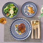 Bestone Porcelain Dinnerware Sets Service for 4, 12 pcs Hand drawn Plates and Bowls Sets, Handmade Ceramic Dish Set, Chip Resistant Modern Plate Set, Dishwasher/Microwave Safe，Vintage Blue