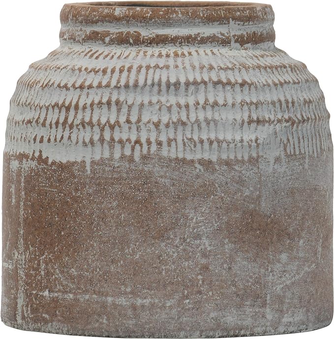 Foreside Home and Garden Small Antique Brown Glazed Terracotta Planter Pot with Whitewashed Finish