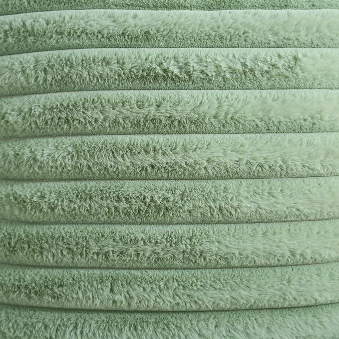 FUTEI Sage Green Striped Decorative Throw Pillow Covers 24x24 Inch Set of 2,Square Winter Decorations Couch Euro Pillow Case,Soft Cozy Faux Rabbit Fur & Velvet Back,Modern Home Decor for Bed