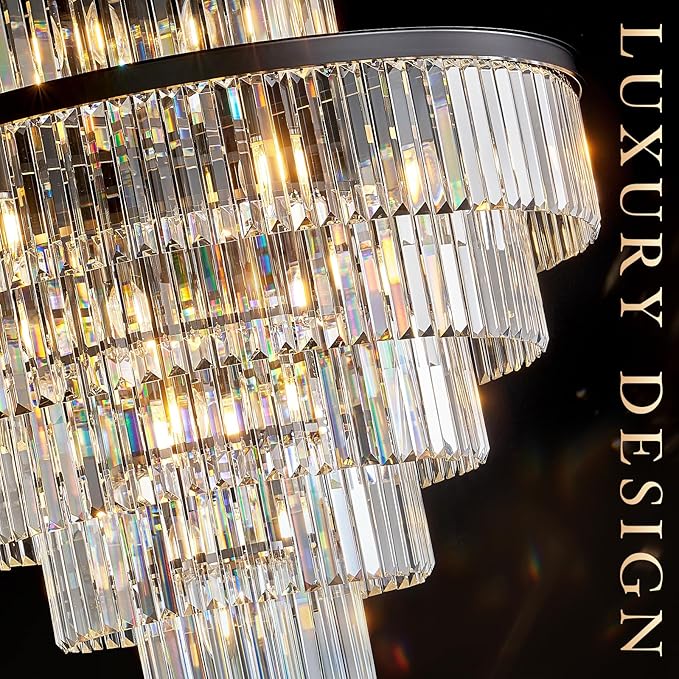 Large Crystal Chandeliers 23 Lights 36" Modern Black Luxury Chandelier for Foyer Staircase Chandeliers 6 Tiers Round K9 Ceiling Pendant Lighting Fixture for Living Dining Room