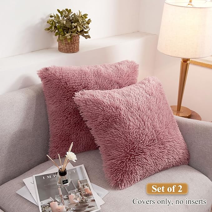 XeGe Cozy Faux Fur Dusty Pink Throw Pillow Covers, Zippered Fluffy Cushion Covers, Shaggy Fuzzy Decorative Plush Furry Pillowcases Pack of 2 for Sofa Couch Home Decor (18''x18'', Dusty Pink)