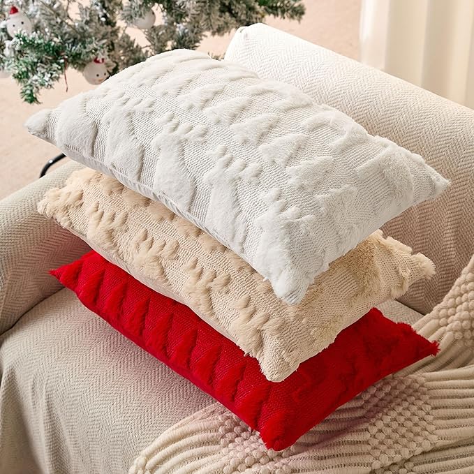 DFXSZ Christmas Pillow Covers 12x20 inch Set of 2 Beige Christmas Tree Elk Decoration Soft Plush Faux Fur Jacquard Throw Pillows for Bedroom Sofa Holiday Festivals Winter Home Decor PTK069C12