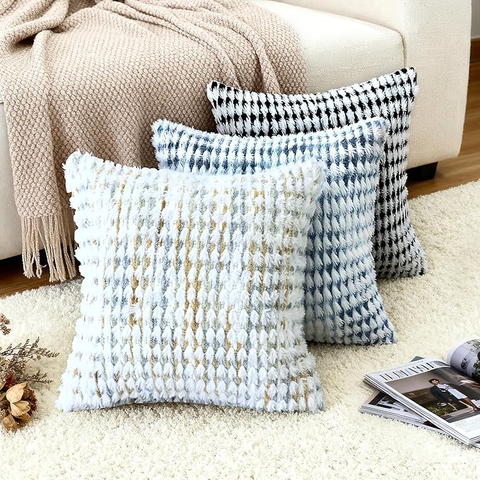 Boho Chenille Tufted Pillow Cover 24x24 Inch Set of 1, Farmhouse Striped Decorative Pillow Covers Accent Fluffy Neutral Square Pillowcases for Couch Sofa Bedroom Living Room, Gray Khaki