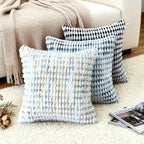 Boho Chenille Tufted Pillow Cover 20x20 Inch Set of 1, Farmhouse Striped Decorative Pillow Covers Accent Fluffy Neutral Square Pillowcases for Couch Sofa Bedroom Living Room, Gray Khaki