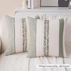 Decorative Boho Sage Green Pillow Covers Set of 2-20x20 Inch Farmhouse Accent Striped Boho Throw Pillows Neutral Coastal Textured Square Pillowcase for Couch Living Room Bed Sofa, Home Decor