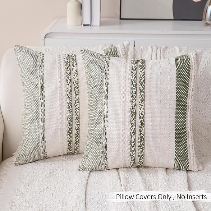 Decorative Boho Sage Green Pillow Covers Set of 2-20x20 Inch Farmhouse Accent Striped Boho Throw Pillows Neutral Coastal Textured Square Pillowcase for Couch Living Room Bed Sofa, Home Decor