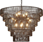 31.49" Large Black Rattan Vintage Farmhouse 12-Light Boho Hand-Woven Bamboo Black Chandeliers Light Fixture Retro Drum Wicker Rattan Chandelier for Dining Room, Kitchen, Living Room, E12