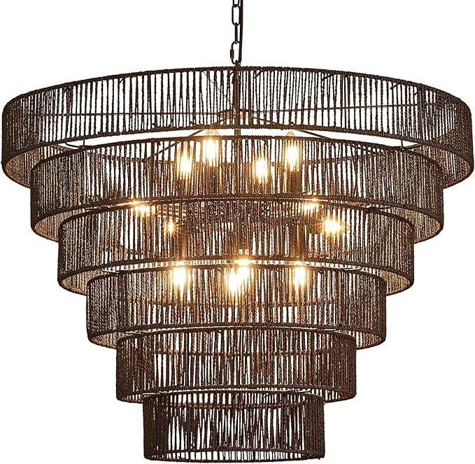 31.49" Large Black Rattan Vintage Farmhouse 12-Light Boho Hand-Woven Bamboo Black Chandeliers Light Fixture Retro Drum Wicker Rattan Chandelier for Dining Room, Kitchen, Living Room, E12