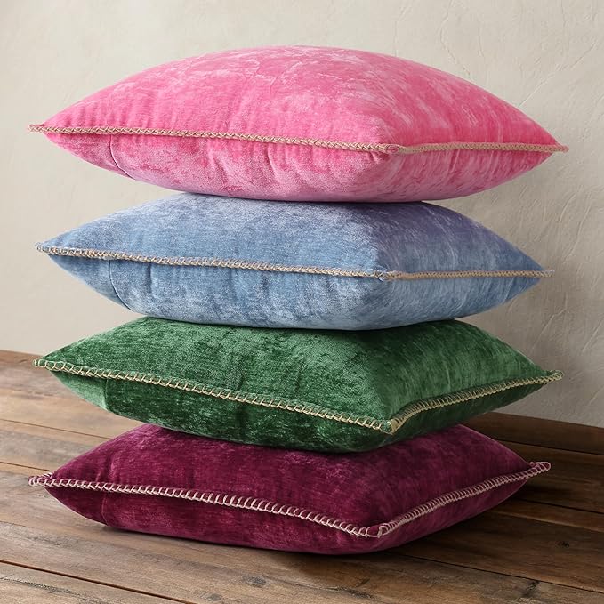 decorUhome Christmas Chenille Soft Throw Pillow Covers 24x24 Set of 2, Farmhouse Velvet Neutral Decorative Euro Pillow Covers with Stitched Edge for Couch Sofa Bed Home Decor, Green
