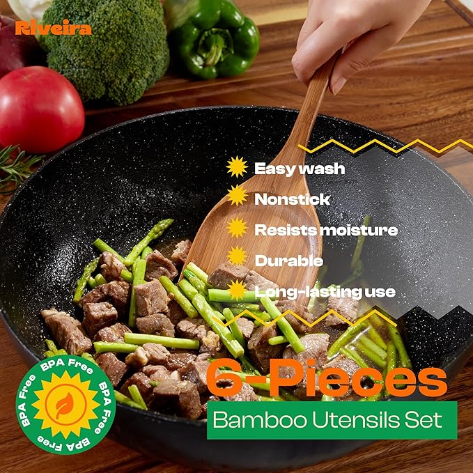 Riveira Brown Bamboo Wooden Cooking Utensils Set of 6 Premium Quality, Non-Toxic, Heat-Resistant Wooden Spoons and Spatula for All Cookware