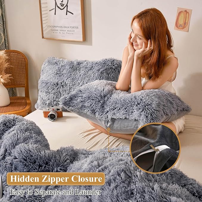 XeGe Faux Fur Throw Pillow Cases, Plush Shaggy Ultra Soft Pillow Covers, Fluffy Crystal Velvet Decorative Pillowcases, Furry Fuzzy Pillow Shams Zipper Closure, Set of 2(Standard, Gray Ombre)