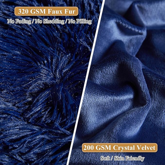 XeGe Faux Fur Throw Pillow Covers, Shaggy Fluffy Cushion Covers, Plush Furry Pillow Cases, Fuzzy Decorative Pillow Shams with Zipper Set of 2 for Sofa Bed Couch Living Room (18''x18'', Navy Blue)
