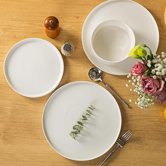 Porcelain Dinnerware Sets for 6, 24pcs High-sided Plates and Bowls Set, White Chip and Scratch Resistant Dinner Set - Dishwasher & Microwave Safe Dinging Dishes Set, QOMO-1996