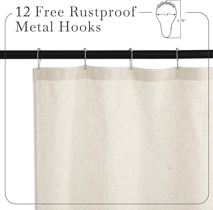 KGORGE Natural Linen Shower Curtain for Bathroom - Linen Blend Button Hole Semi Sheer Lightweight Waterproof Shower Curtains for Bathtub, 72 x 72 inches Long, Hooks Included