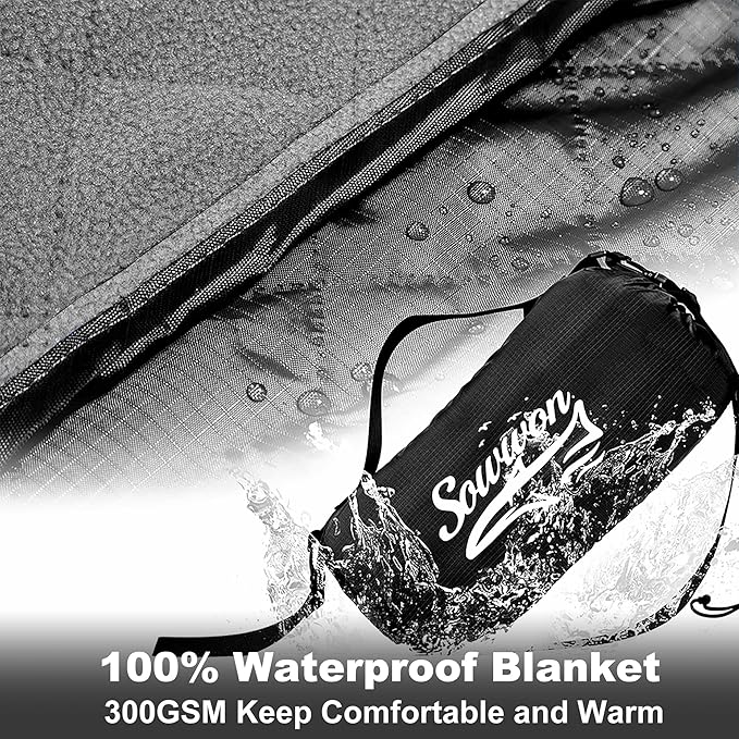 Waterproof Outdoor Blanket 82”X 55” Packable, Stadium Blankets for Camping with Fleece Lining, Large Windproof Emergency Throw Mat for Garss Picnic Hiking Road Trip, Machine Washable, Black 300GSM