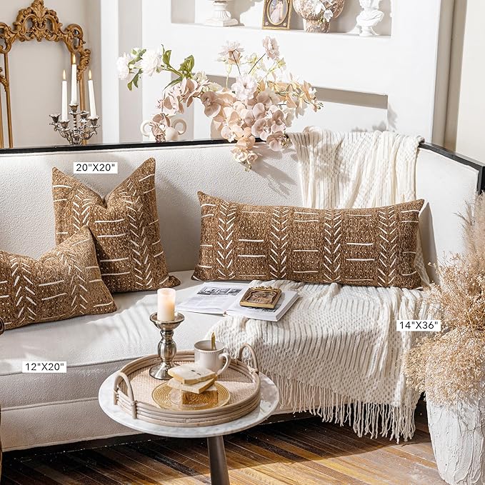 BlissBlush Fall Brown Boho Lumbar Throw Pillow Cover 14X36, Decorative Long Accent Body Lumbar Pillow for Bed, Farmhouse Woven Textured Lumbar Pillowcase for Couch (Cover ONLY)