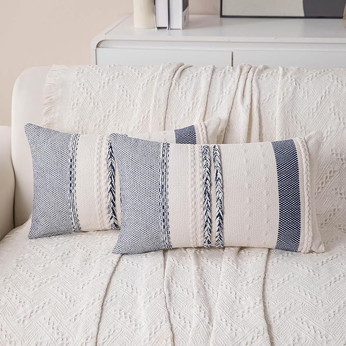 Boho Navy Blue Striped Lumbar Pillow Covers Set of 2-12x20 Inch Decorative Farmhouse Coastal Accent Long Boho Throw Pillows for Couch, Neutral Textured Pillowcase for Bed, Sofa Home Decor