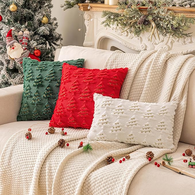AQOTHES Christmas Tree Decorative White Throw Pillow Covers 24x24 Set of 2, Faux Fur Farmhouse Throw Pillows Cushion Cases for Xmas Winter Holiday Home Decor