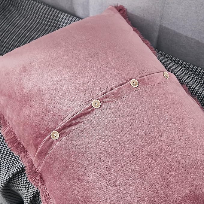 WERDIM Shaggy Fluffy Faux Fur Pillowcases 2 Pack Button Closure Velvet Pillow Shams King Size (Dusty Rose, 20 X 36 Inches)