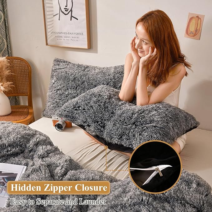 XeGe Faux Fur Throw Pillow Cases, Plush Shaggy Ultra Soft Pillow Covers, Fluffy Crystal Velvet Decorative Pillowcases, Furry Fuzzy Pillow Shams Zipper Closure, Set of 2(Standard, Black Ombre)