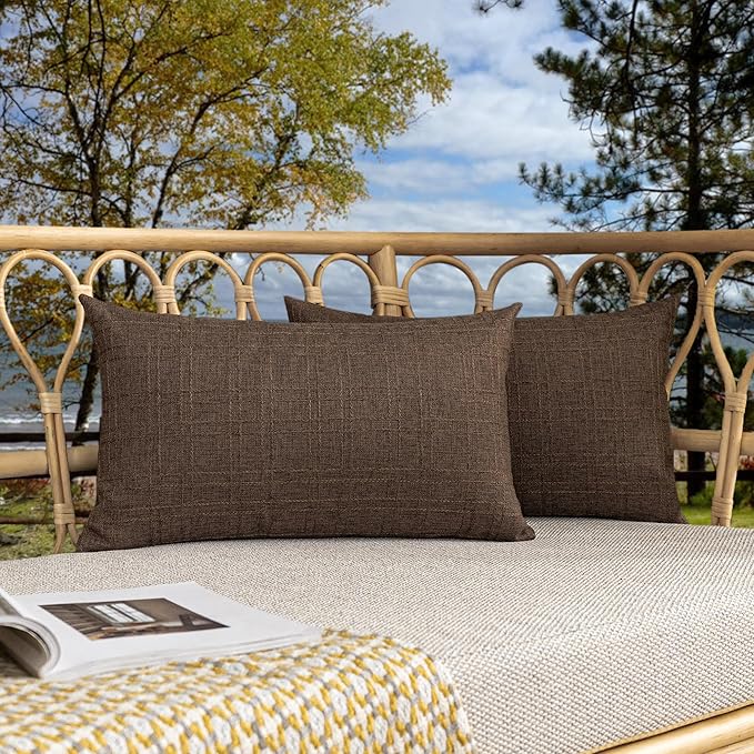 Kevin Textile Pack of 2 Outdoor Waterproof Throw Pillow Covers Decorative Square Outdoor Checkered Pillows Cushion Case Patio Pillows for Couch 12x20 inches 30x50 cm Brown