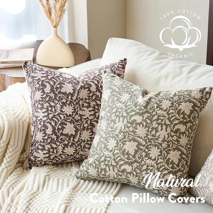 Floral Throw Pillow Covers 20x20 Farmhouse Block Print Pillow Covers Decorative Pillow Covers Couch Pillows for Living Room Vintage Accent Sofa Pillows Set of 2, Burgundy