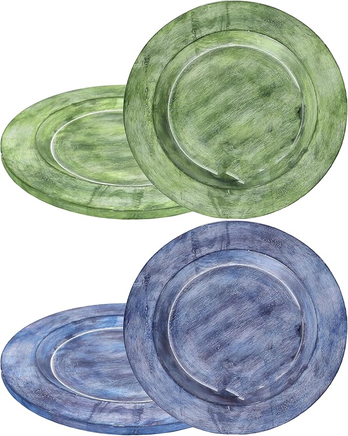 CLEENTABLE Assorted Set of 2 Wooden Charger Plates - 13" Round Farmhouse Wood Plates - Decorative Dinner Plates for Table Setting, Serving Tray, Appetizers, or Home Décor (Blue Green)