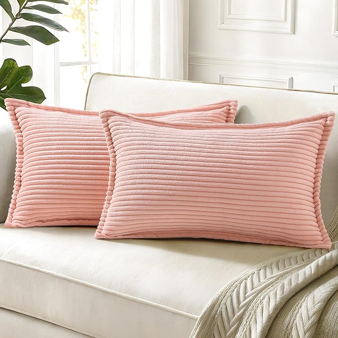 decorUhome Corduroy Pink Throw Pillow Covers 12x20 Set of 2 Decorative Soft Boho Farmhouse Lumbar Euro Couch Pillow Covers for Living Room Bed Sofa Broadside Striped Pillow Cases