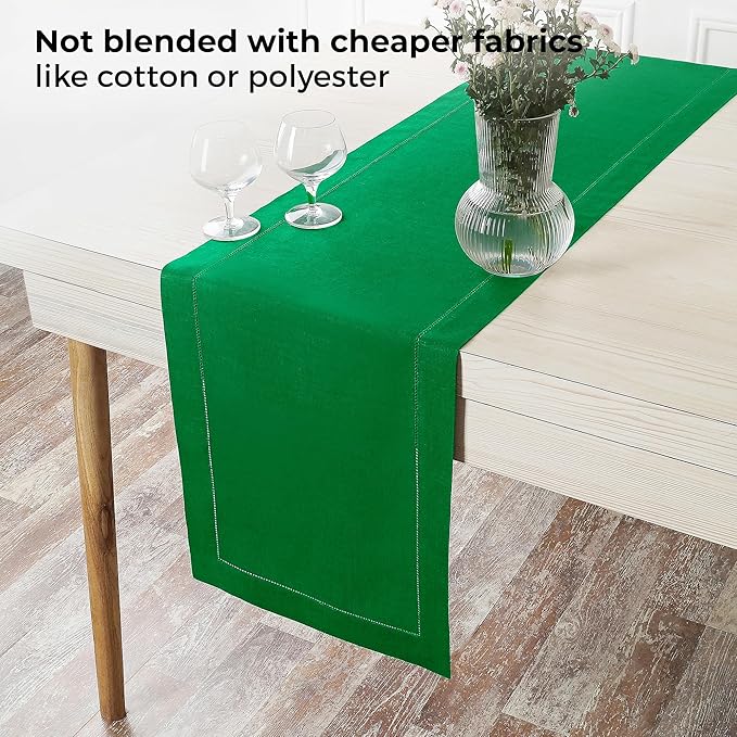 D'Moksha Homes Linen Kelly Green Table Runner 36 Inches - 100% Pure Linen Small Table Runner 14 x 36 Inch Ideal for Dresser, Coffee Tables, Fall and Halloween - Classic Hemstitch - Classic Hemstitch