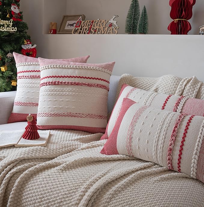Christmas Pillow Covers 20x20 Inch Set of 2, Red Textured Boho Christmas Decorative Couch Pillow Cases for Farmhouse Home Decor, Accent Cushion Cover for Sofa, Bed, Living Room, Bedroom