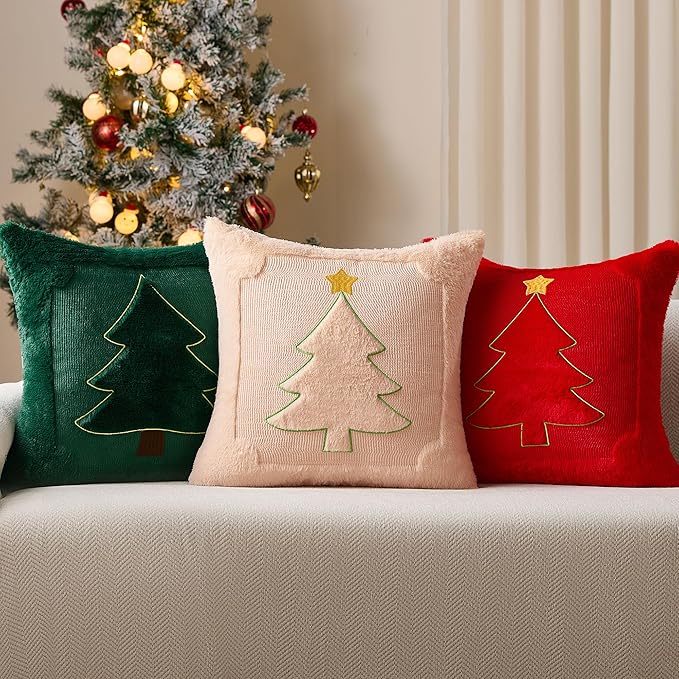 DFXSZ Christmas Pillow Covers 18x18 Yellow Star Red Christmas Tree Decoration Soft Plush Faux Fur Jacquard Throw Pillows for Bedroom Sofa Holiday Festivals Winter Home Decor PTK063B18