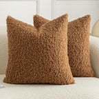 Pack of 2 Curly Teddy Wool Faux Fur Throw Pillow Covers Fuzzy Accent Soft Sherpa Pillowcases Sheepskin Fleece Decorative Cushion Case for Sofa Couch Living Room 18x18 Inch Bronze