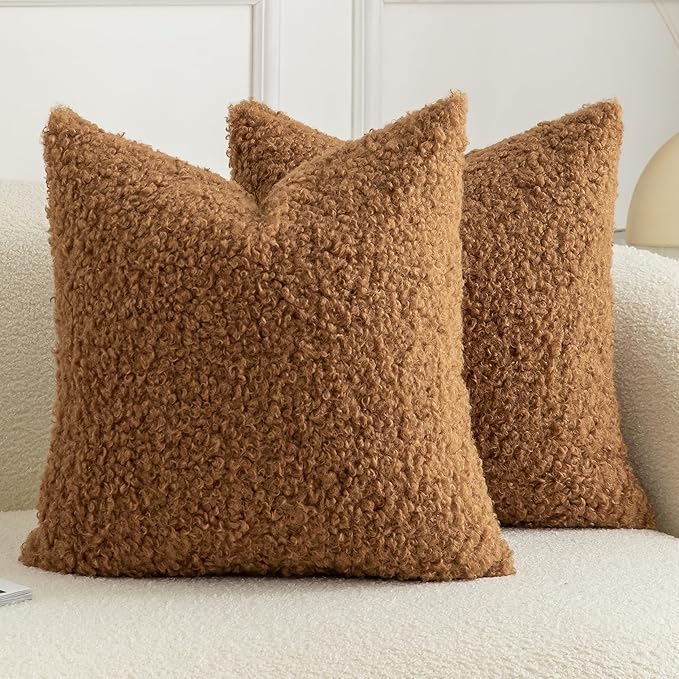 Pack of 2 Curly Teddy Wool Faux Fur Throw Pillow Covers Fuzzy Accent Soft Sherpa Pillowcases Sheepskin Fleece Decorative Cushion Case for Sofa Couch Living Room 22x22 Inch Bronze