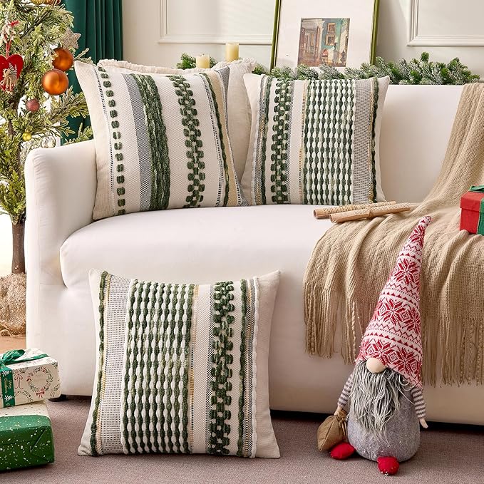 ANRODUO Pack of 2 Boho Decorative Throw Pillow Covers 18x18 Farmhouse Cushion Case Striped Chenille Pillow Cases Square Pillow Covers Accent Neutral Pillowcase for Sofa Couch Bed, Olive Green Stripe