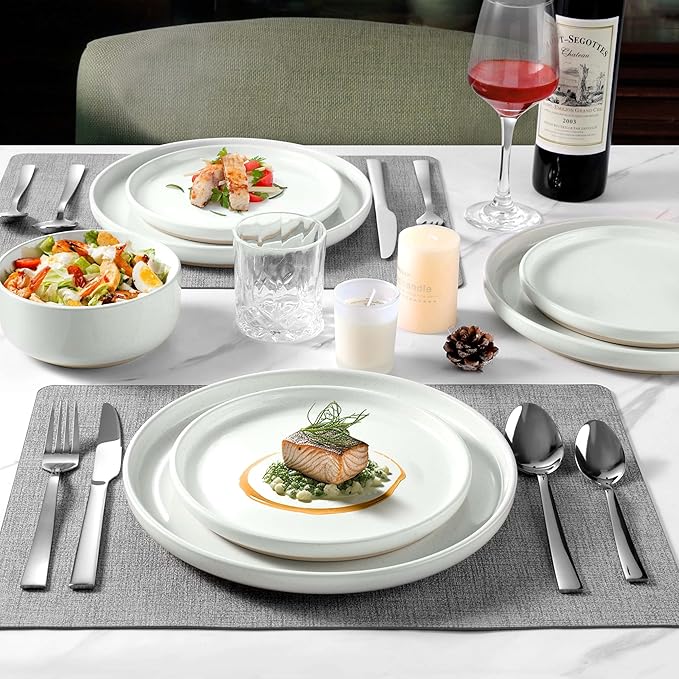 LIANYU 32PC Dinnerware Sets with Silverware for 4, Stoneware Plates and Bowls Dish Set, Stainless Steel Square Flatware Cutlery, Kitchen Dining Dishware, Microwave & Dishwasher Safe, Snowy White