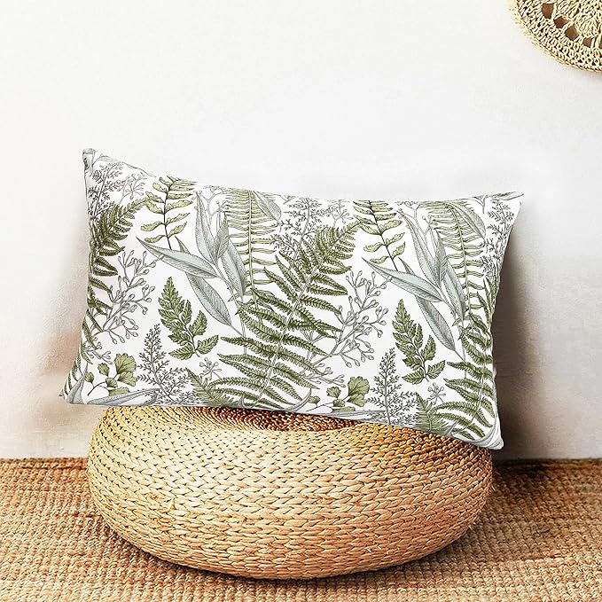 Decorative Throw Pillow Covers Set of 2 Olive Green Leaves Pillow Covers 12x20 inch Soft Short Plush Square Floral Throw Pillows,Farmhouse Outdoor Pillow Covers for Couch Bed Living Room