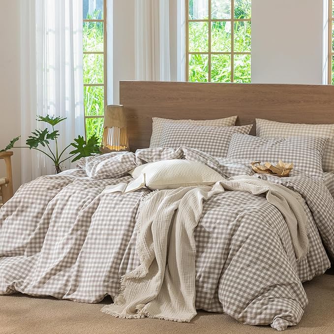 MooMee Gingham Duvet Cover Set 100% Washed Cotton Linen Like Textured Breathable Durable Soft Comfy Modern Checkered Design (Tannish Linen Grey Gingham, Twin 68"x90")