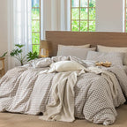 MooMee Gingham Duvet Cover Set 100% Washed Cotton Linen Like Textured Breathable Durable Soft Comfy Modern Checkered Design (Tannish Linen Grey Gingham, Oversized Queen 98"x98")