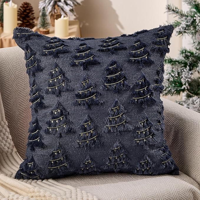 Christmas Pillow Covers 18x18 inch Set of 2 Soft Plush Christmas Decor Navy Blue Xmax Tree Yellow Colored Lights Decoration Throw Pillow Case for Winter Holiday Sofa Living Room PT003H18