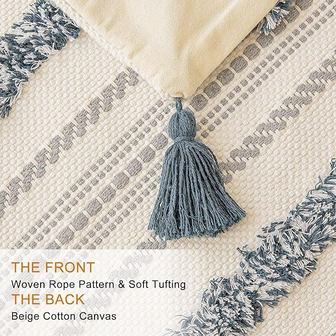 Boho Throw Pillow Covers 18x18 Set of 2 Woven Tufted Farmhouse Pillows Cover with Tassels Textured Striped Cushion Case Neutral Pillow Cases Decorative Pillowcase for Sofa, Couch, Bed, Dark Blue