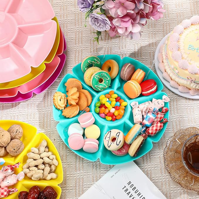 Zhehao 6 Pcs Plastic Divided Serving Trays with 60 Pcs Disposable Fork, 7 Compartments Round Chip Dip Plate, Petal Shape Platter, 10.6'' Snacks Serving Dish for Party Candy Nuts Fruits (Bright Color)