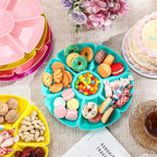 Zhehao 6 Pcs Plastic Divided Serving Trays with 60 Pcs Disposable Fork, 7 Compartments Round Chip Dip Plate, Petal Shape Platter, 10.6'' Snacks Serving Dish for Party Candy Nuts Fruits (Bright Color)