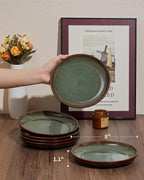 Ceramic Salad Plates Set of 6, 8.0 Inch Reactive Glaze Dish Set, Small Dinner Plate for Dessert, Salad, Appetizer, Microwave & Dishwasher Safe, Scratch Resistant-Brown and Green