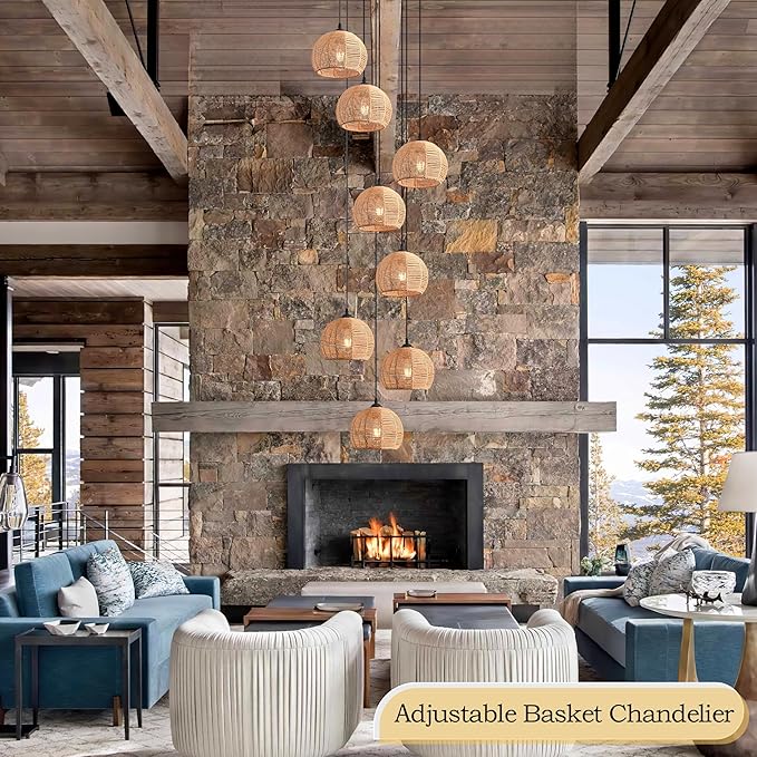 8-Light Woven Foyer Chandeliers for High Ceiling H100",8 Dome Boho Rattan Pendant Lights Farmhouse Ceiling Light,rustic Hemp rope Light Fixture For Living Room Hallway Staircase Entryway (Bulb Incl.